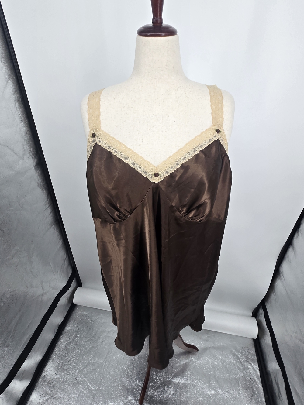 Cacique Chocolate Brown Satin Slip with Cream Lace Vintage 26/28 (8593)